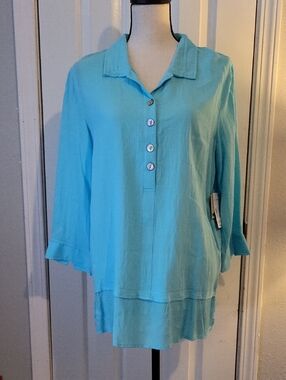 John Mark Icy Blue Tunic Top With Button Detail